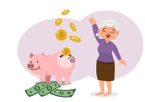 idées d'épargne retraite vieille femme caractère économiser de l'argent mis dans une tirelire rose style plat dessin animé illustration vecteur