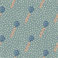 motif de doodle sans couture de palette pastel avec des formes stylisées de masse de fléau. arme de couleur bleue et beige sur fond pointillé vert. vecteur