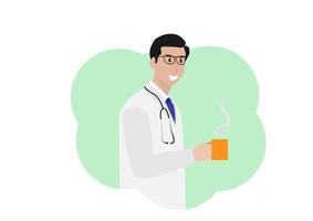 le médecin de sexe masculin a souri et a tenu la tasse de café. homme relaxant avec du café chaud. illustration de style de dessin animé de vecteur