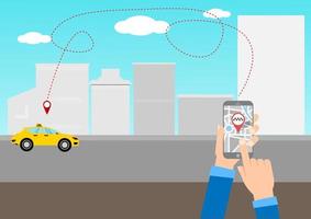 appeler un taxi avec un smartphone peut voir la distance et indiquer les coordonnées des broches d'itinéraire gps sur les smartphones et l'écran tactile. vecteur