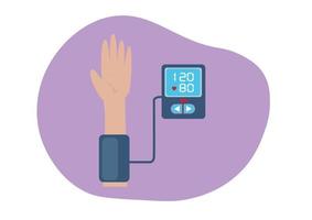 homme mesurant la pression artérielle du patient. vérification du tonomètre de l'appareil numérique de la pression artérielle. concept de soins de santé. vecteur d'illustration de dessin animé de style plat.