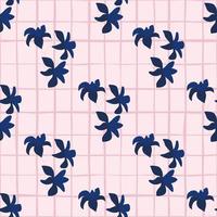 motif floral harmonieux dessiné à la main avec des silhouettes de fleurs hawaii bleu marine lumineuses. fond quadrillé rose. vecteur