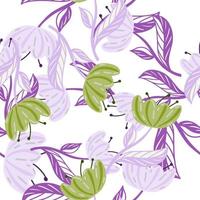 motif harmonieux isolé avec de simples fleurs de pavot imprimées au hasard dans des couleurs vertes et violettes. vecteur