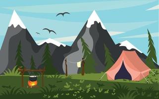 scène de jour de camping d'aventure en famille. tente, feu de camp, forêt de pins et fond de montagnes rocheuses. illustration vectorielle vecteur