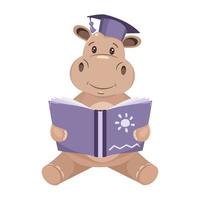 hippopotame mignon tient un livre, lit, illustration vectorielle pour enfants. vecteur