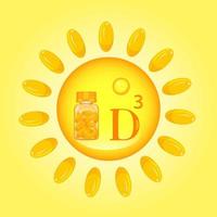 affiche vectorielle lumineuse et orange de vitamine d 3 dans un cercle solaire. vecteur