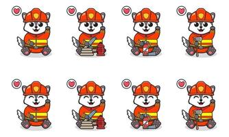 illustration vectorielle de dessin animé mignon loup assis pose avec costume de pompier vecteur