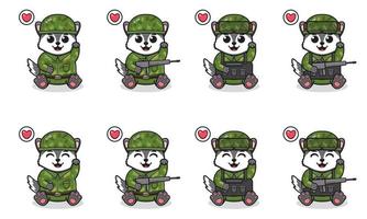 illustration vectorielle de la main de dessin animé mignon loup assis pose avec costume de soldat vecteur