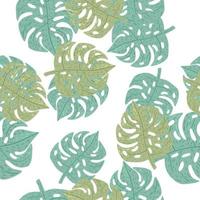 motif tropical isolé sans couture avec des silhouettes de feuilles de monstère vertes et bleues. fond blanc. vecteur