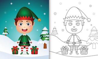 livre de coloriage avec un joli garçon elfe personnages de noël avec un sac de cadeaux vecteur