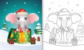 livre de coloriage avec un joli éléphant personnages de noël utilisant un bonnet et une écharpe de père noël dans la boîte cadeau vecteur