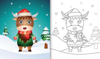 livre de coloriage avec un mignon personnage de noël buffle avec un bonnet de noel, une veste et une écharpe vecteur