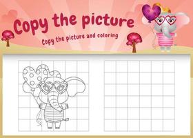 copiez le jeu d'enfants et la page de coloriage avec un éléphant mignon en utilisant le costume de la saint-valentin vecteur