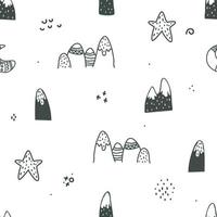 montagnes, lune, étoile de style scandinave, texture simple en noir et blanc. design scandinave mignon. arrière-plan géométrique et doodle pour le textile, le papier peint, la conception de surface vecteur