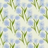 pissenlit abstrait façonne un motif de doodle sans couture. fleurs bleues avec des feuilles vertes sur fond pastel clair. toile de fond de printemps. vecteur