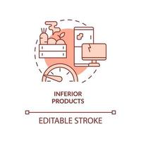 icône de concept rouge de produits inférieurs. marchandises de mauvaise qualité. économie de marché contre idée abstraite illustration en ligne mince. dessin de contour isolé. trait modifiable. arial, myriade de polices pro-gras utilisées vecteur