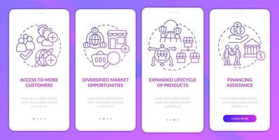 exportez les avantages commerciaux de l'écran de l'application mobile d'intégration du dégradé violet. pages d'instructions graphiques en 4 étapes avec des concepts linéaires. ui, ux, modèle d'interface graphique. myriade de polices pro-gras régulières utilisées vecteur