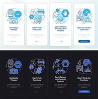 écran d'application mobile d'intégration en mode nuit et jour des restrictions de salle d'évasion. pages d'instructions graphiques en 4 étapes avec des concepts linéaires. ui, ux, modèle d'interface graphique. une myriade de polices pro-gras régulières utilisées vecteur