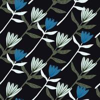 modèle sans couture avec ornement floral de tulipe de couleurs bleu et indigo. fond noir. vecteur