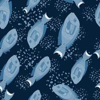 motif aléatoire sans couture avec des silhouettes de poisson chirurgien bleu doodle. fond bleu marine foncé avec des touches. vecteur