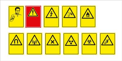 ensemble de panneaux obligatoires, de panneaux de danger, de panneaux interdits, de panneaux de sécurité et de santé au travail, de panneaux de mise en garde, de panneaux de secours en cas d’incendie. pour autocollants, affiches et autres supports d’impre vecteur