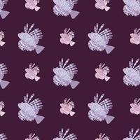 motif de faune sans couture de poisson-lion de couleur violet et rose. fond violet foncé. ornement naturel. vecteur