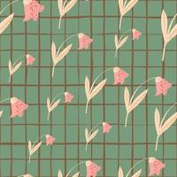 motif de doodle sans couture aléatoire avec des fleurs de campanule de couleur rose. fond à carreaux verts. vecteur