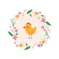 joli cadre de pâques avec bébé poulet et fleurs. illustration vectorielle vecteur