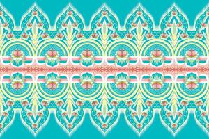 fleur jaune, verte, rose sur bleu sarcelle. motif géométrique oriental ethnique design traditionnel pour le fond tapis papier peint vêtements emballage batik tissu illustration vectorielle style de broderie vecteur