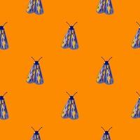 motif de papillon sans couture minimaliste lumineux. papillons de couleur bleu et prple sur fond orange. vecteur