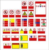 ensemble de panneaux obligatoires, de panneaux de danger, de panneaux interdits, de panneaux de sécurité et de santé au travail, de panneaux de mise en garde, de panneaux de secours en cas d’incendie. pour autocollants, affiches et autres supports d’impre