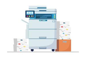 imprimante, machine de bureau avec papier, pile de documents. scanner, équipement de copie. appareil multifonction. paperasse avec carton, boîte en carton. conception de dessin animé de vecteur