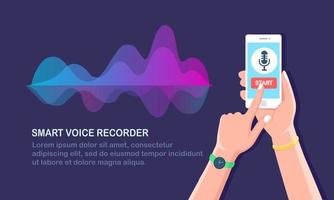 onde de gradient audio sonore de l'égaliseur. téléphone portable avec icône de microphone à l'écran. application de téléphonie mobile pour l'enregistrement radio vocal numérique. fréquence de la musique dans le spectre des couleurs. conception plate de vecteur