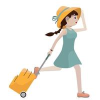 jeune femme en robe verte, chapeau de paille et valise à roulettes est en cours d'exécution. personnage de dessin animé. isolé sur l'illustration vectorielle blanche. vecteur