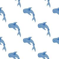 modèle sans couture isolé minimaliste avec des silhouettes de petits requins baleines bleues. fond blanc. vecteur
