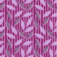 motif abstrait sans couture avec ornement décoratif de feuilles de feuillage simple aléatoire. fond violet rayé. vecteur