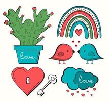 jolie collection d'éléments d'amour doux. conception de la saint-valentin. illustration romantique avec coeur, arc-en-ciel, couple, oiseaux amoureux, cactus avec coeurs. style de bande dessinée à la mode. adapté aux cartes, flyers. vecteur