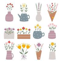 grande collection de jolies fleurs de jardin de printemps, de bouquets dans un vase, un pot, une tasse en céramique et du papier kraft. illustration pour cartes floristiques, étiquettes cadeaux, décoration du 8 mars et de pâques, cadeaux de mariage, invitation. vecteur