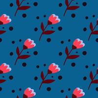 modèle sans couture contrasté avec des silhouettes de fleurs folkloriques doodle. ornement botanique rouge sur fond bleu clair. vecteur
