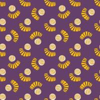 motif de doodle sans soudure de formes abstraites. design lumineux avec des cercles jaunes et des figures de gribouillis sur fond violet. vecteur