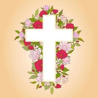 croix de fleurs chrétiennes sur fond beige pour les invitations au baptême, la première communion et pâques