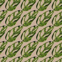 motif décoratif sans couture avec ornement de feuilles de monstera doodle. fond beige. imprimé feuillage tropical vert. vecteur