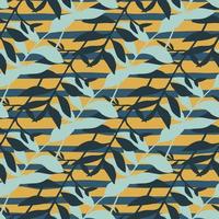 motif botanique abstrait sans soudure avec des branches de feuilles. silhouettes de feuillage vintage de couleur bleu et marine sur fond rayé jaune. vecteur