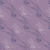 main montrant le modèle sans couture d'icône à deux doigts. symbole de victoire. silhouette contour violet et blanc sur fond violet. vecteur