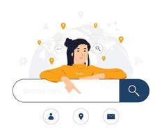 femme pointant sur le navigateur Web en ligne, les barres des moteurs de recherche, l'optimisation du référencement, l'illustration du concept vecteur