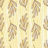 silhouettes de branches de feuilles profilées beiges motif de doodle sans couture. fond rayé jaune et blanc. vecteur