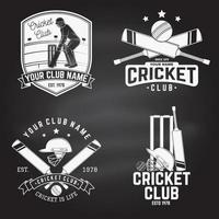 ensemble de badges de club de cricket sur le tableau. vecteur. concept de chemise, d'impression, de timbre ou de tee-shirt. modèles pour club de sport de cricket. vecteur