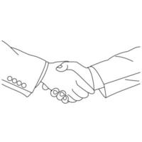 ligne d'illustration dessinant une image de deux hommes d'affaires se serrant la main. les négociations d'hommes d'affaires ou rejoindre les entreprises sont illustrées par une poignée de main étroite entre deux hommes isolés sur fond blanc vecteur