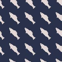 modèle sans couture d'ornement de poisson doodle blanc. formes sous-marines stylisées sur fond bleu foncé de la nef. vecteur