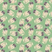 motif sans couture de silhouettes de petites fleurs de protea aléatoires dans des couleurs violettes et beiges. fond vert. vecteur